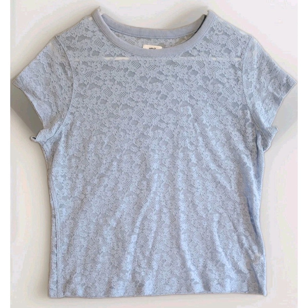 Aerie Feminine Blue Floral Lace Short Sleeve Sheer Crewneck Romantic Top Sz L